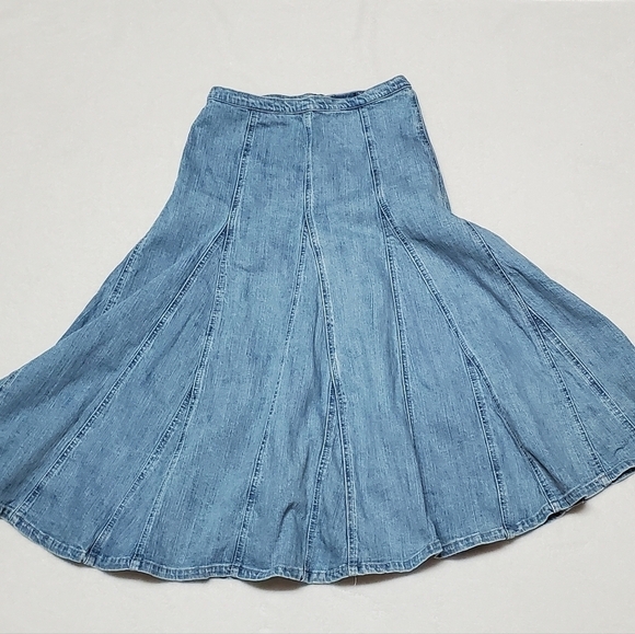 VINTAGE 1990s Light Wash Stone Wash High Rise Stretchy Midi Denim Panel Skirt M - Picture 4 of 11